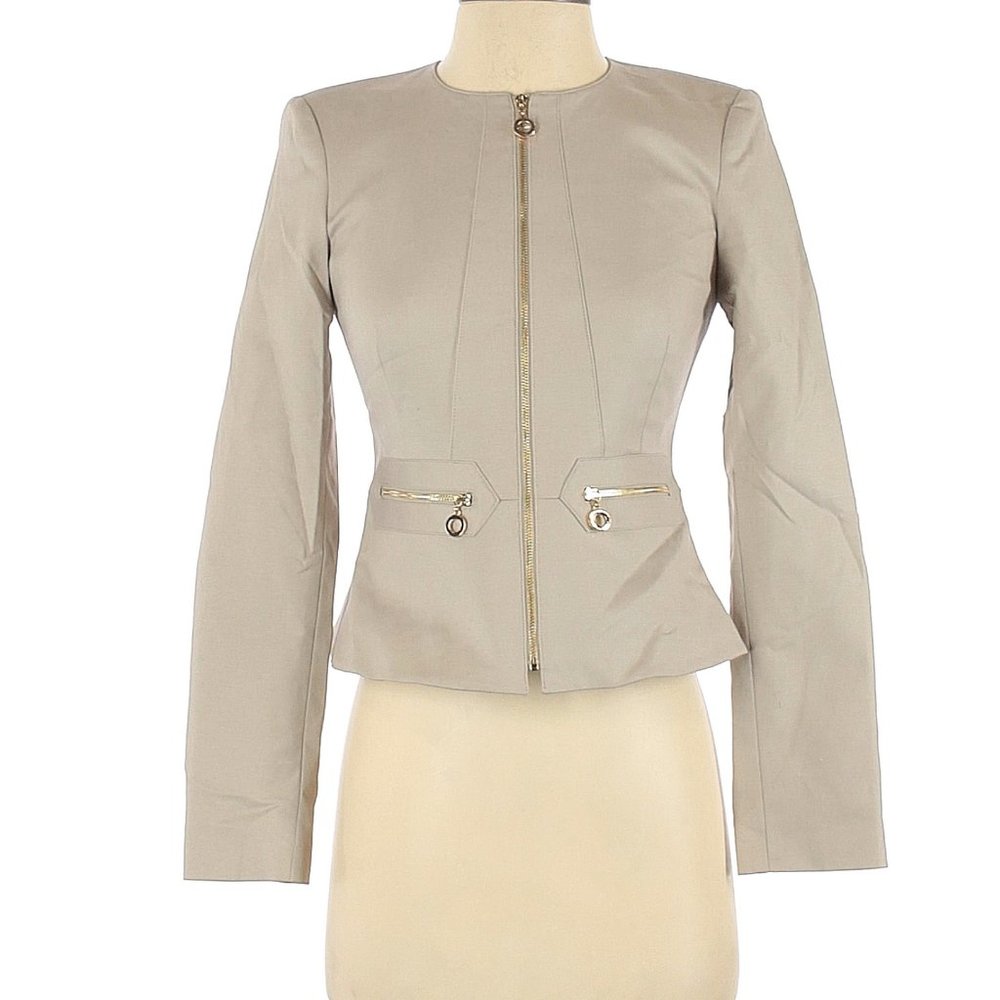 Calvin Klein Tan Taupe and Gold Peplum Blazer Jacket